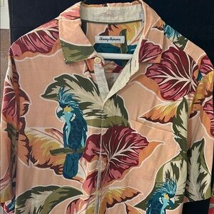Tommy Bahama Peach Camp Shirt with Teal Parrot Print